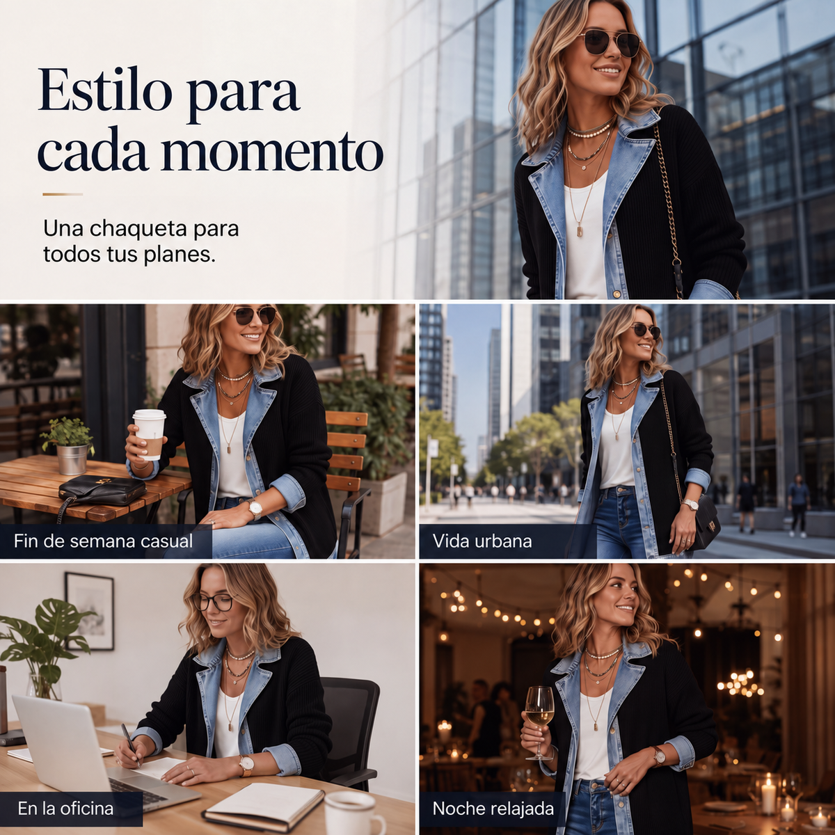 Chaqueta de punto acanalado con detalles denim