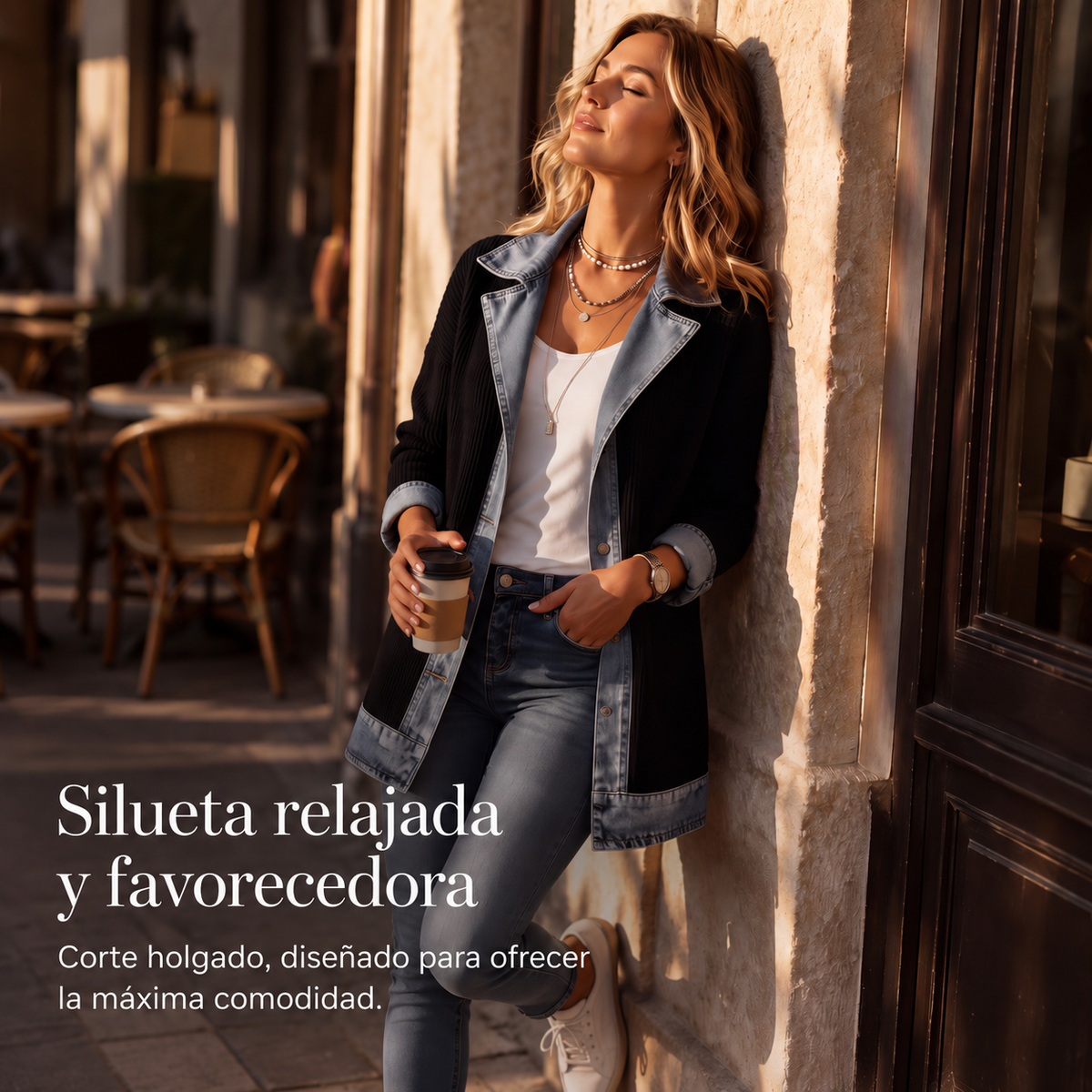 Chaqueta de punto acanalado con detalles denim