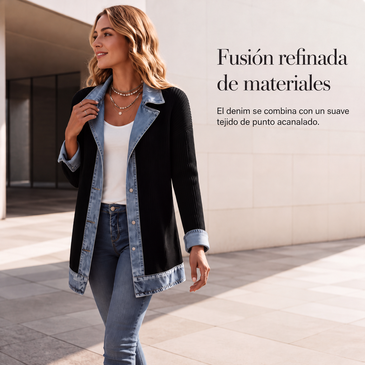 Chaqueta de punto acanalado con detalles denim